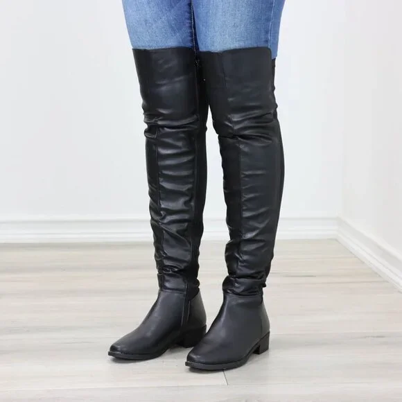 Low Heel Thigh High Boots Over The Knee Faux Leather & Stretchy Material Mix - Picture 9 of 15